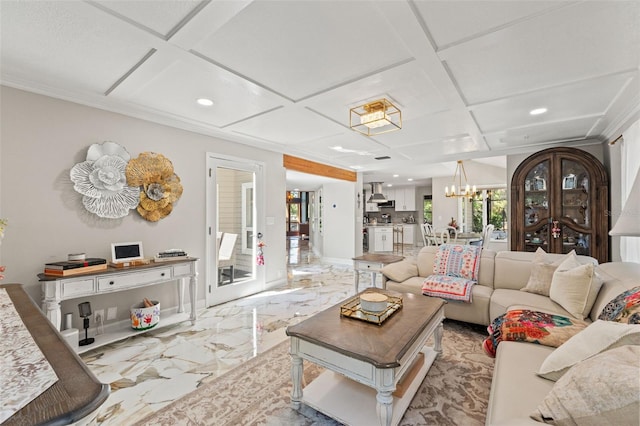 520 Lafayette Blvd, Oldsmar, FL 34677 - living room with recessed lighting, coffered ceiling, marble finish floor, and a notable chandelier