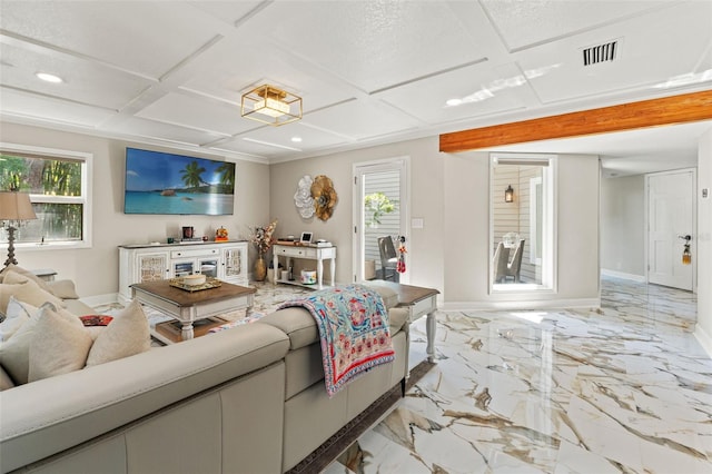 520 Lafayette Blvd, Oldsmar, FL 34677 - living room with coffered ceiling, a wealth of natural light, baseboards, and recessed lighting