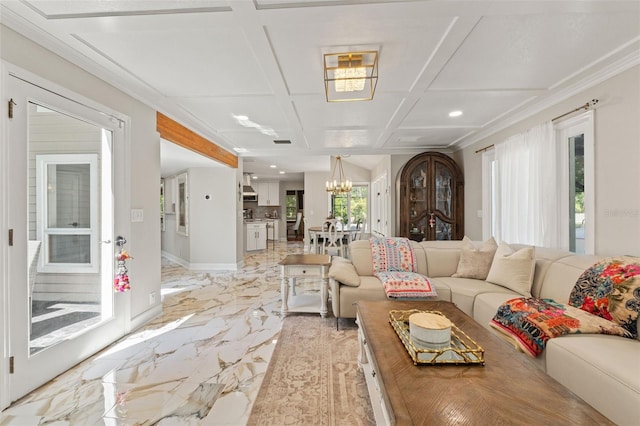 520 Lafayette Blvd, Oldsmar, FL 34677 - living area featuring recessed lighting, coffered ceiling, baseboards, marble finish floor, and an inviting chandelier