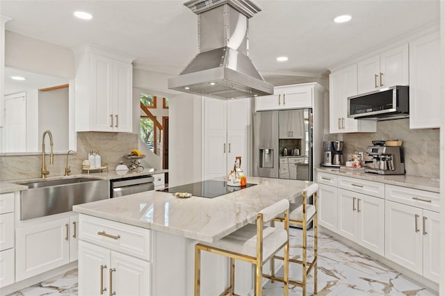 520 Lafayette Blvd, Oldsmar, FL 34677 - kitchen featuring recessed lighting, marble finish floor, a sink, island range hood, and stainless steel appliances