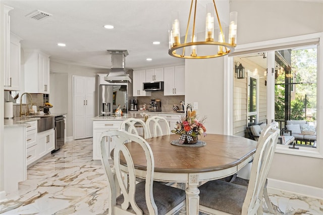 520 Lafayette Blvd, Oldsmar, FL 34677 - dining area featuring marble finish floor, baseboards, visible vents, recessed lighting, and a notable chandelier