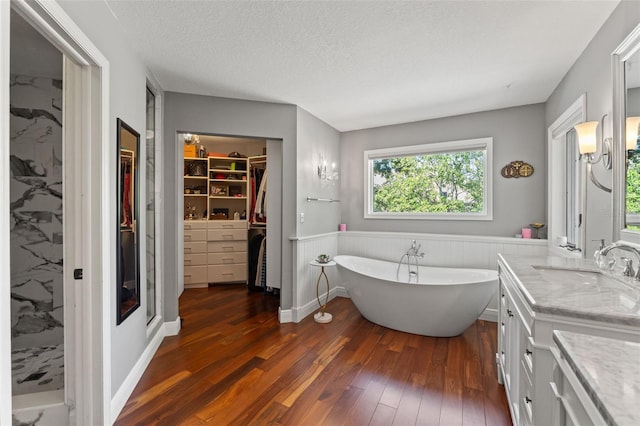 520 Lafayette Blvd, Oldsmar, FL 34677 - bathroom with wood-type flooring, a wainscoted wall, a walk in closet, a freestanding bath, and vanity