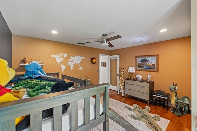 520 Lafayette Blvd, Oldsmar, FL 34677 - bedroom with recessed lighting, a ceiling fan, visible vents, and wood finished floors