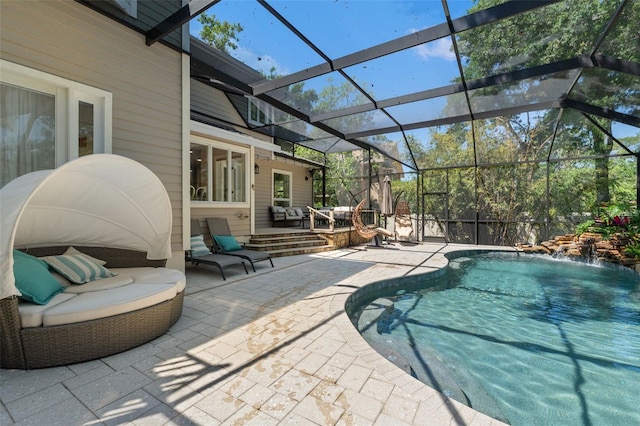 520 Lafayette Blvd, Oldsmar, FL 34677 - outdoor pool featuring a patio, an outdoor living space, and glass enclosure
