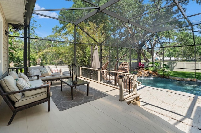 520 Lafayette Blvd, Oldsmar, FL 34677 - view of patio / terrace with a wooden deck, an outdoor hangout area, a fenced in pool, and glass enclosure