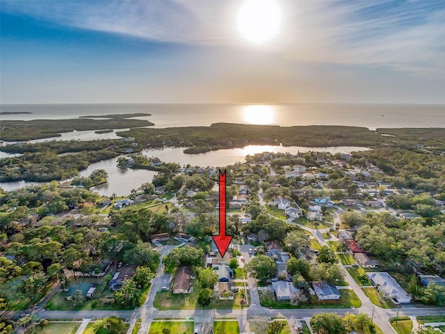 aerial view featuring a water view and a residential view