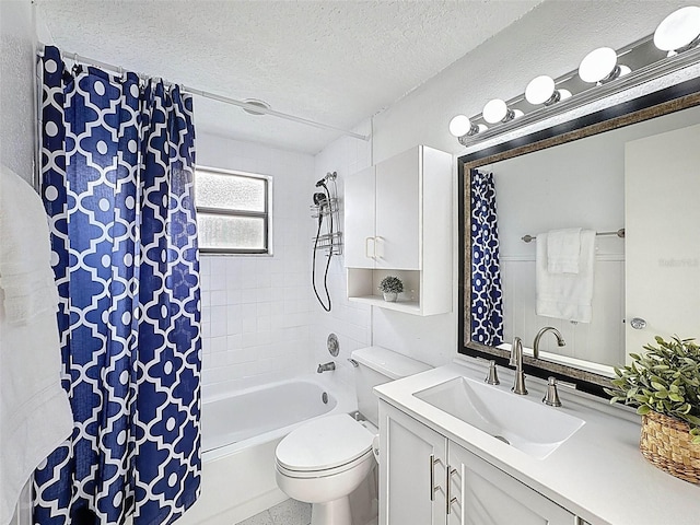 full bathroom with toilet, a textured ceiling, shower / tub combo, and vanity