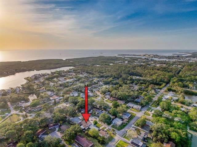 drone / aerial view with a residential view and a water view