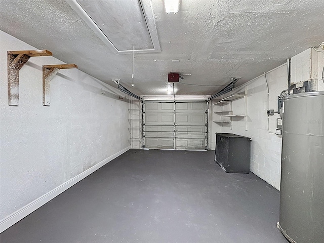 garage with baseboards, a garage door opener, and gas water heater
