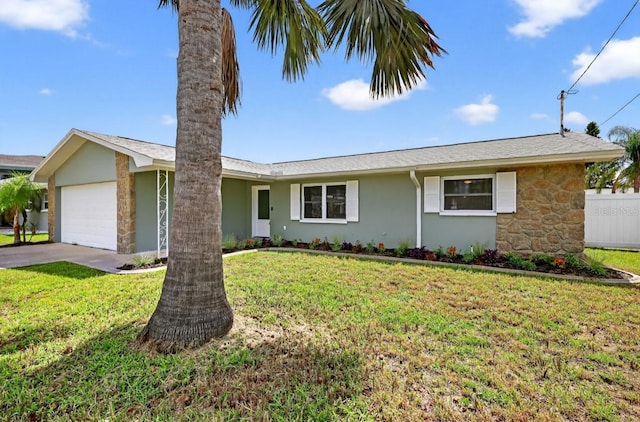 2175 Edythe Dr, Dunedin, FL 34698 - ranch-style home with a garage, driveway, stucco siding, and a front lawn
