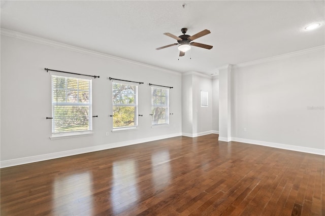 unfurnished room featuring a ceiling fan, baseboards, ornamental molding, and dark wood-type flooring