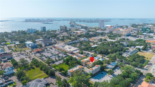 aerial view featuring a water view and a view of city