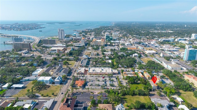 aerial view featuring a view of city and a water view