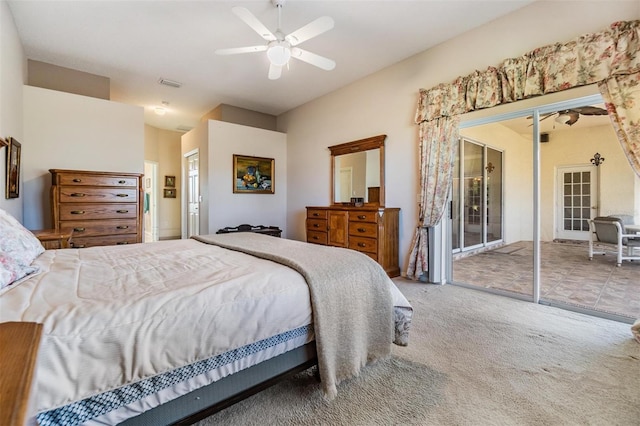 carpeted bedroom featuring visible vents, a ceiling fan, and access to exterior