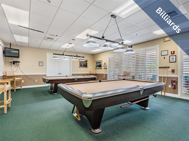 game room with carpet floors, a paneled ceiling, baseboards, billiards, and visible vents