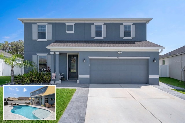 733 Old Windsor Way, Spring Hill, FL 34609 - traditional home with a garage, fence, a fenced in pool, concrete driveway, and stucco siding