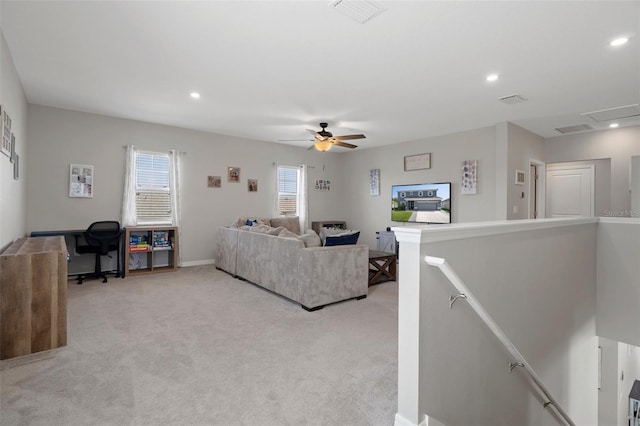 733 Old Windsor Way, Spring Hill, FL 34609 - living room featuring light carpet, a ceiling fan, recessed lighting, and visible vents