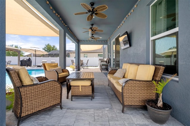 733 Old Windsor Way, Spring Hill, FL 34609 - view of patio featuring ceiling fan, an outdoor living space, a fenced backyard, and a fenced in pool