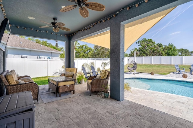 733 Old Windsor Way, Spring Hill, FL 34609 - view of patio featuring a fenced backyard, a fenced in pool, ceiling fan, and outdoor lounge area