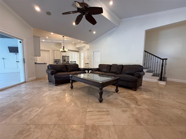 210 S Hale Ave, Tampa, FL 33609 - living room featuring vaulted ceiling, ornamental molding, a ceiling fan, baseboards, and stairs