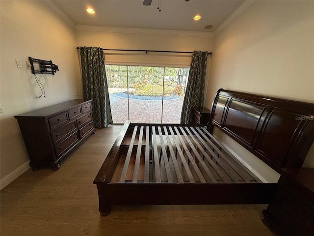 210 S Hale Ave, Tampa, FL 33609 - bedroom featuring access to outside, wood finished floors, ornamental molding, recessed lighting, and baseboards