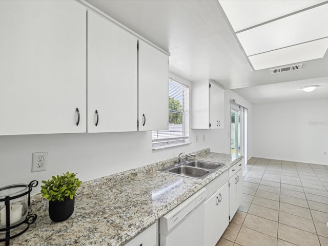 kitchen featuring a sink, visible vents, white cabinets, and dishwasher