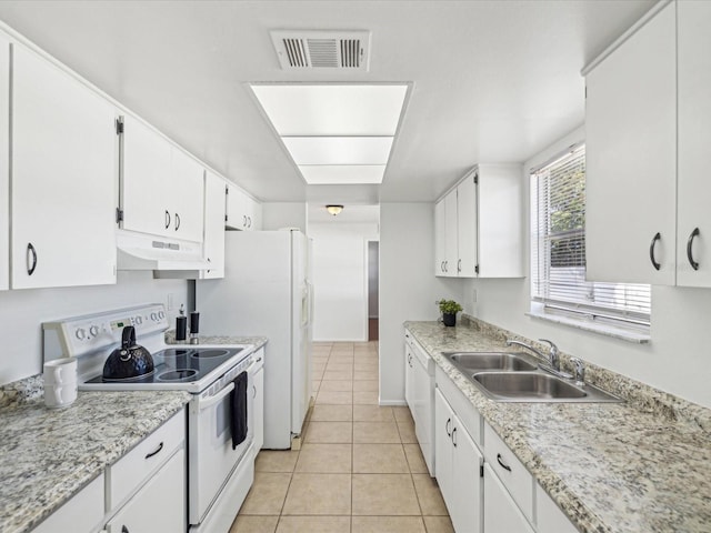 kitchen featuring white range with electric stovetop, a sink, white cabinetry, under cabinet range hood, and visible vents