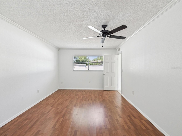 unfurnished room featuring ornamental molding, a textured ceiling, ceiling fan, and wood finished floors