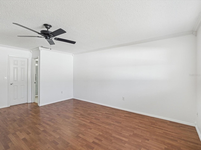 spare room featuring crown molding, a textured ceiling, a ceiling fan, baseboards, and wood finished floors