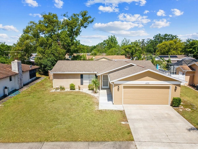 ranch-style home with a garage, stucco siding, driveway, and a front yard