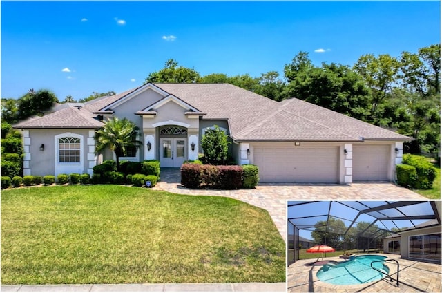 3464 Misty View Dr, Spring Hill, FL 34609 - ranch-style house with stucco siding, french doors, a garage, a front yard, and roof with shingles