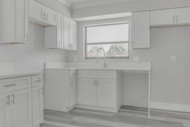 10859 William And Mary Ct, Orlando, FL 32821 - kitchen featuring crown molding, a sink, light wood finished floors, light countertops, and white cabinetry