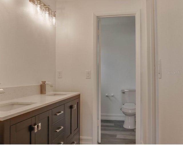10859 William And Mary Ct, Orlando, FL 32821 - bathroom featuring a sink, double vanity, toilet, and wood finished floors