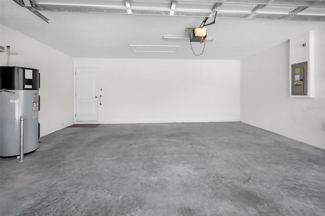 garage with water heater, a garage door opener, and electric panel