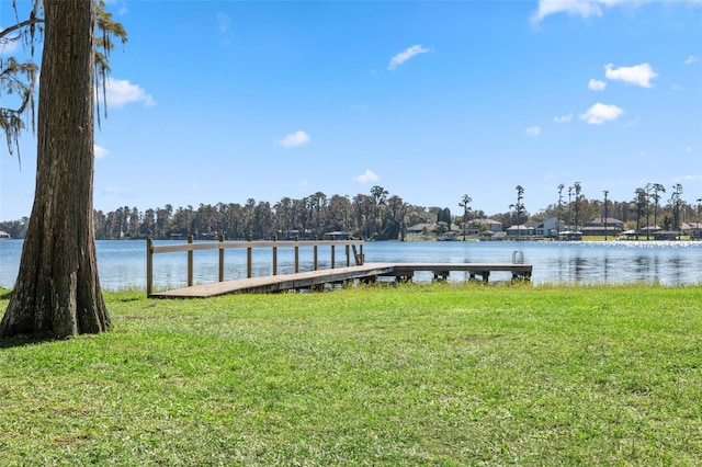 view of dock featuring a lawn and a water view
