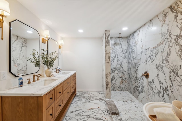 full bathroom featuring recessed lighting, a sink, marble finish floor, and a marble finish shower