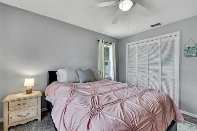13373 Lawrence St, Spring Hill, FL 34609 - bedroom with ceiling fan, carpet, baseboards, visible vents, and a closet
