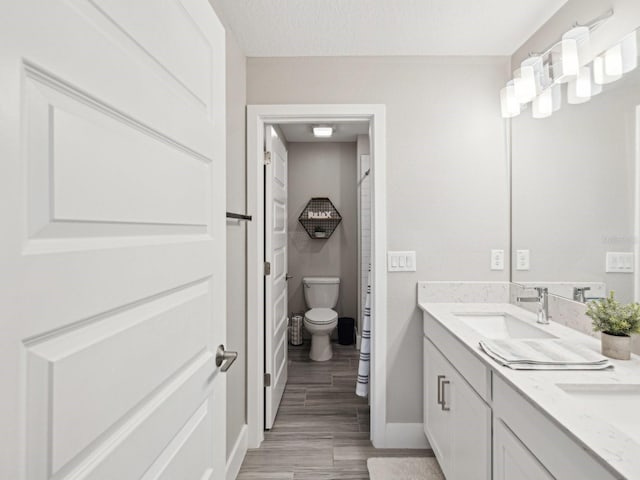 8630 Campus Woods Way, New Port Richey, FL 34655 - full bath featuring double vanity, wood finished floors, a sink, baseboards, and toilet