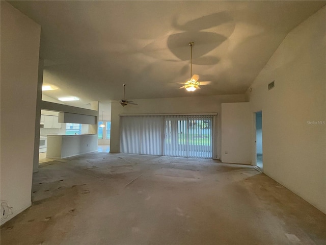 unfurnished living room featuring visible vents, a ceiling fan, and high vaulted ceiling