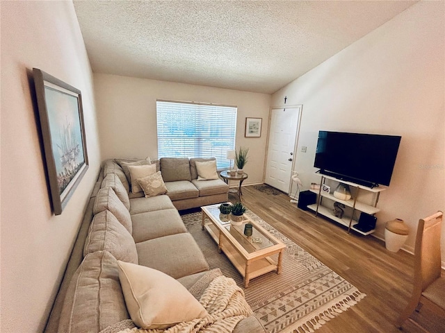 living room featuring a textured ceiling and wood finished floors