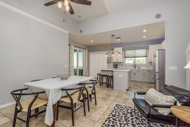 dining room featuring light tile patterned floors, a ceiling fan, recessed lighting, and visible vents