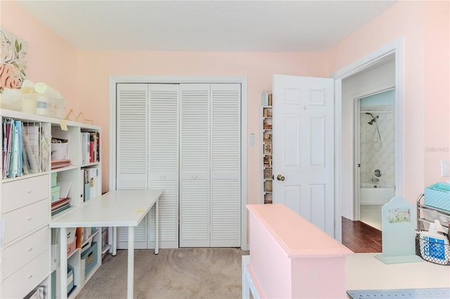 home office with light colored carpet