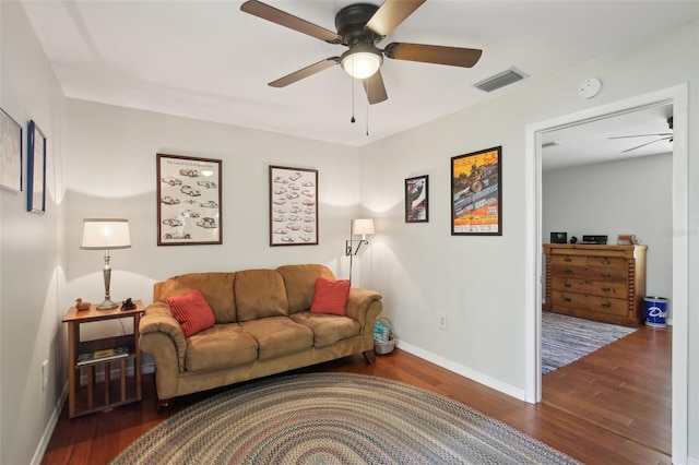 12906 Sandburst Ln, Hudson, FL 34667 - living area with baseboards, ceiling fan, wood finished floors, and visible vents