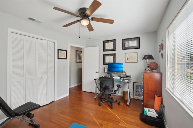 12906 Sandburst Ln, Hudson, FL 34667 - office area with visible vents, a ceiling fan, baseboards, and wood finished floors