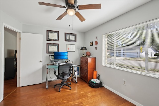 12906 Sandburst Ln, Hudson, FL 34667 - office area with a ceiling fan, baseboards, and wood finished floors