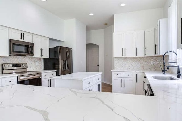 15906 Prince William Pl, Odessa, FL 33556 - kitchen with appliances with stainless steel finishes, a sink, light stone counters, tasteful backsplash, and recessed lighting