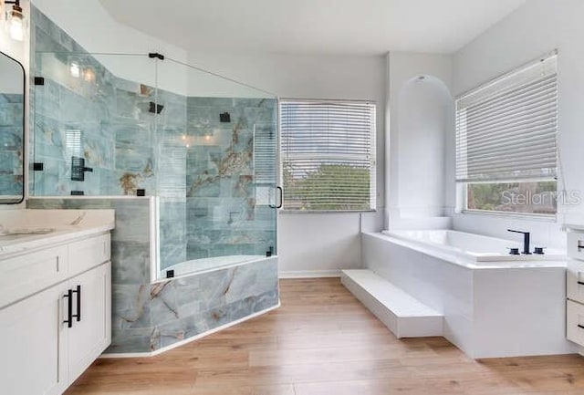 15906 Prince William Pl, Odessa, FL 33556 - full bathroom with vanity, a bath, a shower stall, and wood finished floors