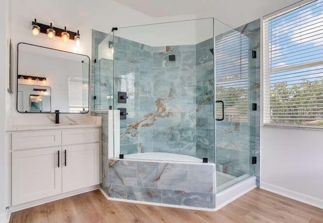 15906 Prince William Pl, Odessa, FL 33556 - full bathroom featuring wood finished floors, a stall shower, vanity, and baseboards