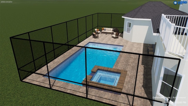 15906 Prince William Pl, Odessa, FL 33556 - view of swimming pool with an outdoor hangout area, a patio, a pool with connected hot tub, and fence
