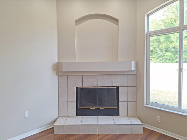 19855 Ellendale Dr, Land O Lakes, FL 34638 - detailed view of wood finished floors, baseboards, and a tile fireplace
